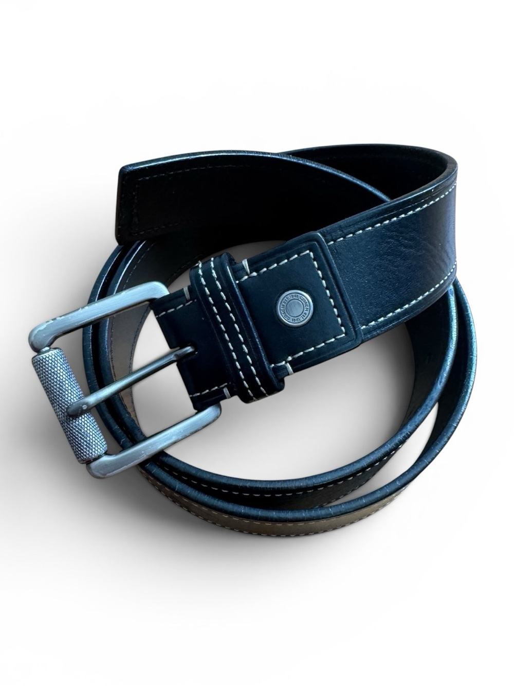 Vintage COACH 90009 Men's Black Leather Belt Contrast Stitch Silver Buckle 38